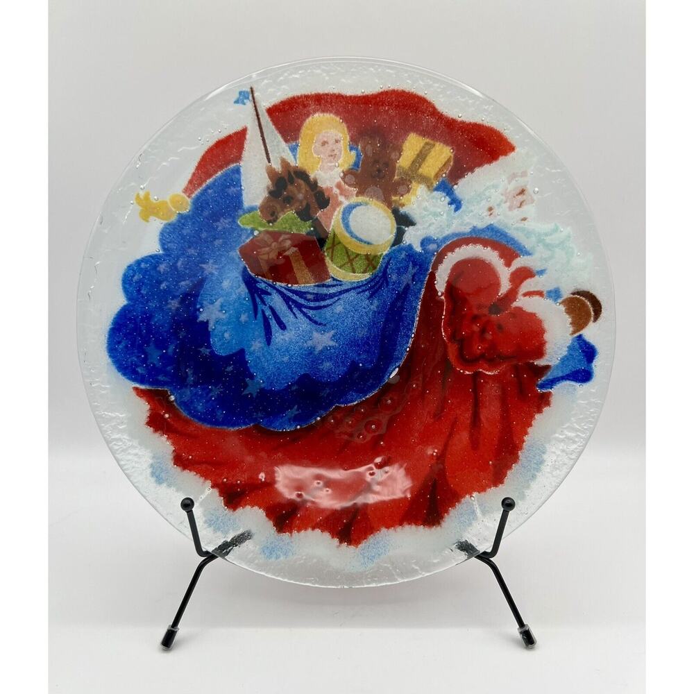 Peggy Karr Fused Glass Father Christmas Santa Claus w Toys 11” Bowl Signed 2002